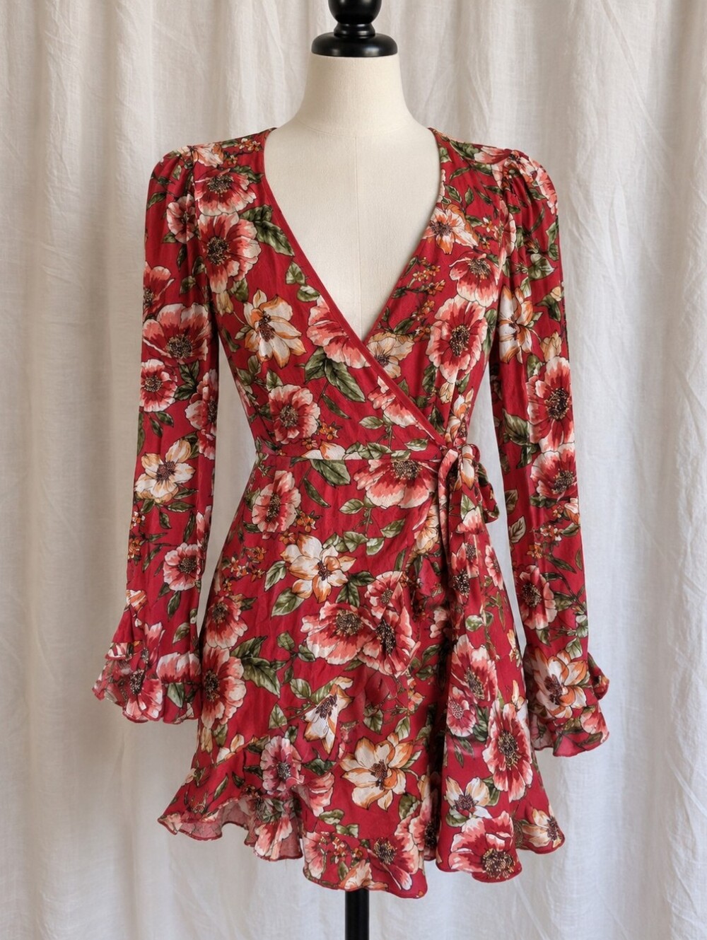 Red Floral Wrap Dress Long Sleeve Ruffle Mini Dress Size S Forever 21